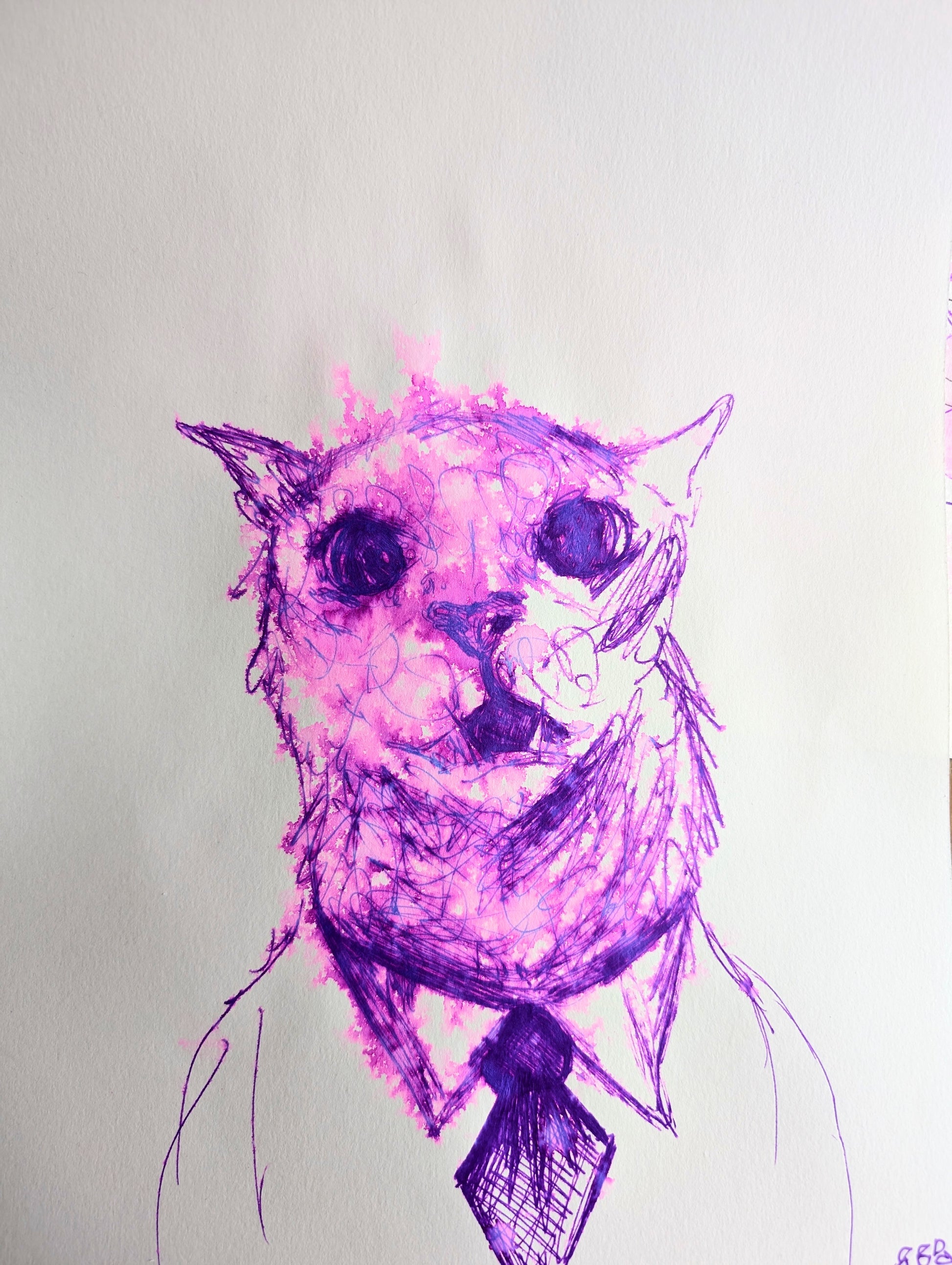 Purple Cat Pulling Funny Face Facial Expression Wearing Shirt And Tie Purple Pen Drawing Illustration Art Unframed Sketch A4 Size - Unorthodox Zoo