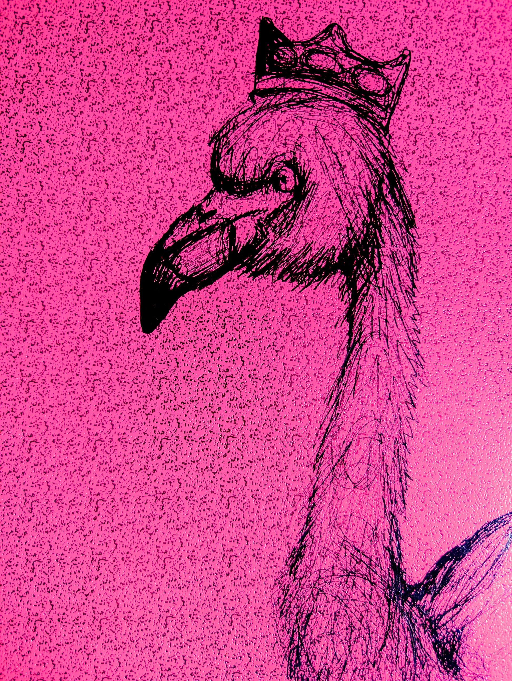Flamingo With Crown With Jewels On Pink Sparkle Card Pen Illustration Drawing Sketch Art Portrait Unframed A4 Size - Unorthodox Zoo
