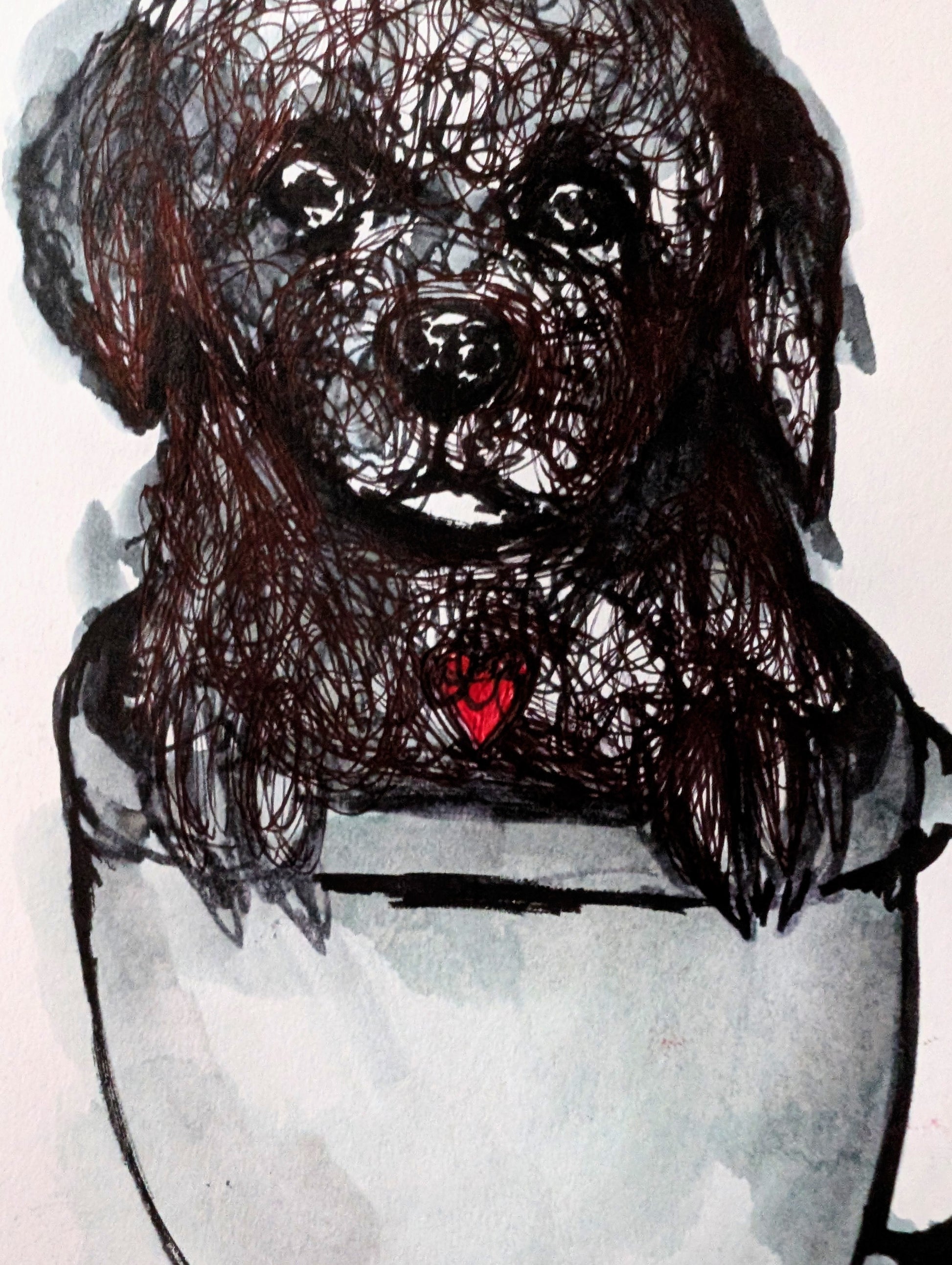 Scribbly Doodle Pup In A Cup With Red Heart White Background Pen Illustration Drawing Sketch Art Unframed A4 Size - Unorthodox Zoo