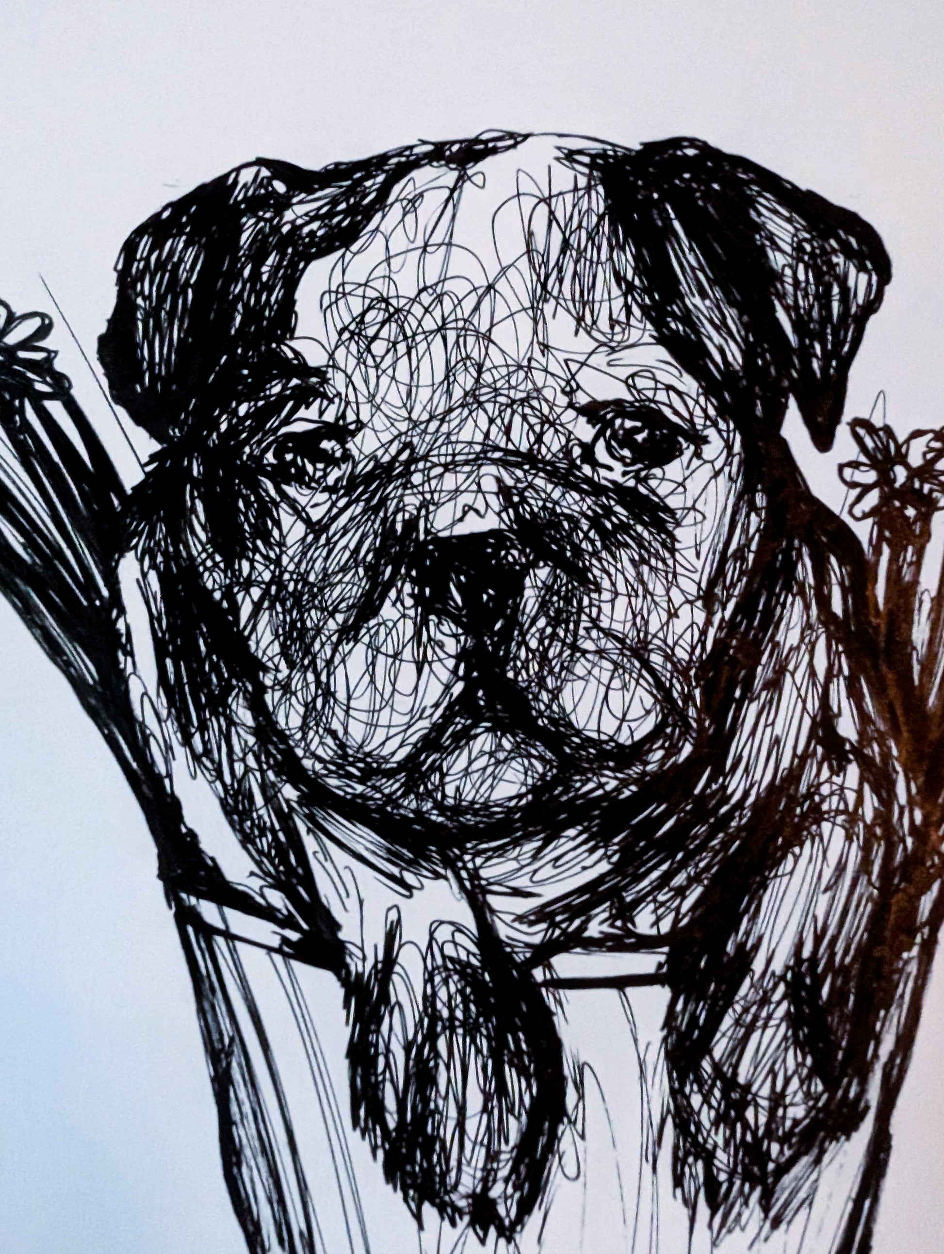 Scribbly Little Puppy In A Flower Cone With Flowers Grass Pen Drawing Illustration Sketch Art Size 17.8 cm x 25.4 cm Unframed - Unorthodox Zoo