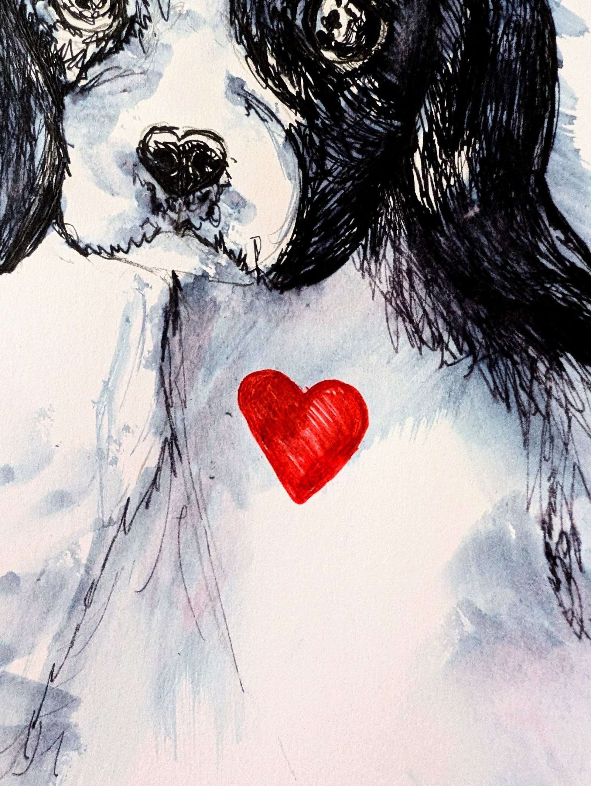 The Puppy Dog With Heart Nose Red Heart Pen Illustration Drawing Sketch White Background Unframed A4 Size - Unorthodox Zoo