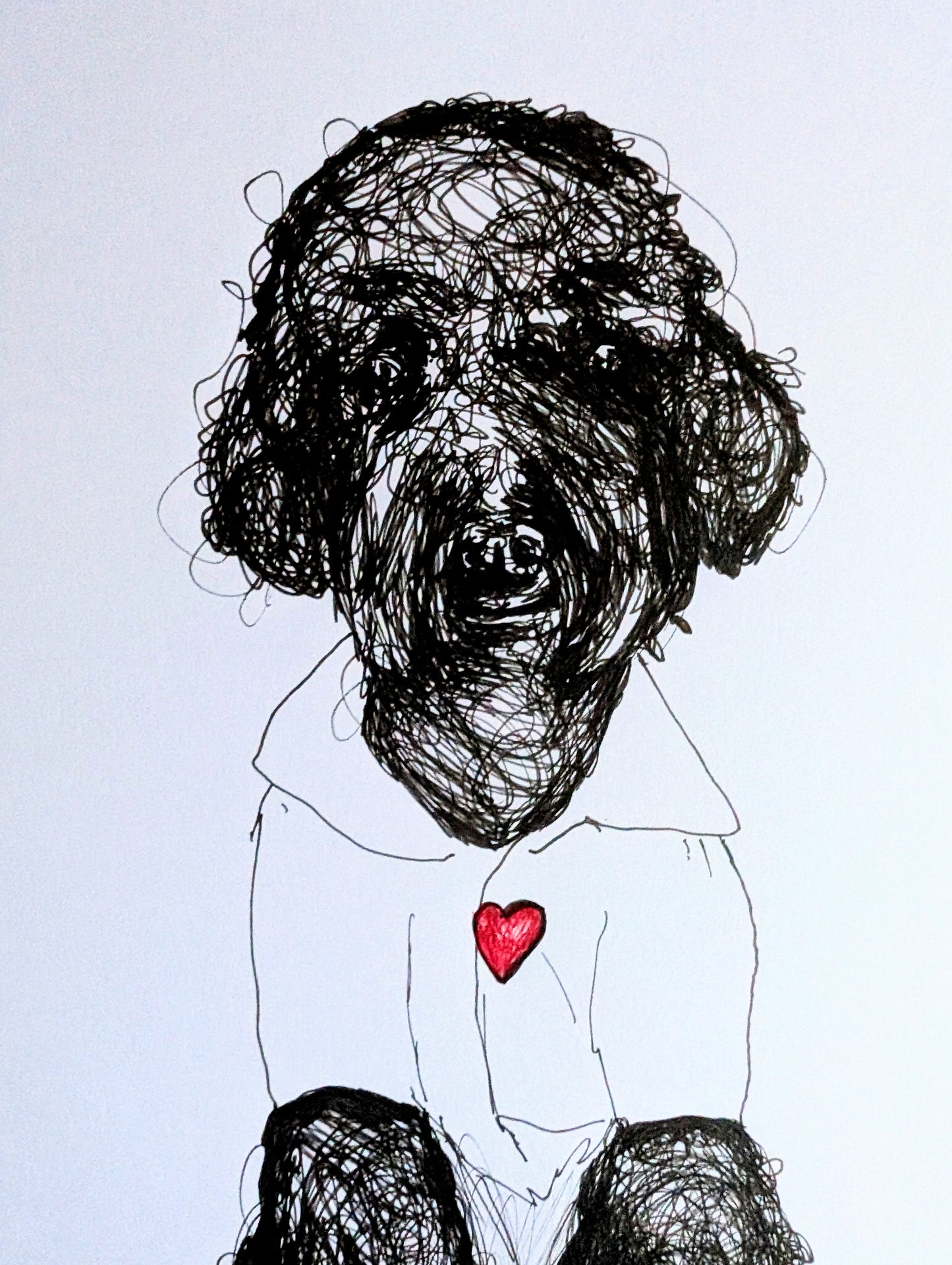 Long Haired Dog Sitting With Jumper Pink Heart Pen Drawing Illustration Sketch Art Portrait Unframed A4 Size