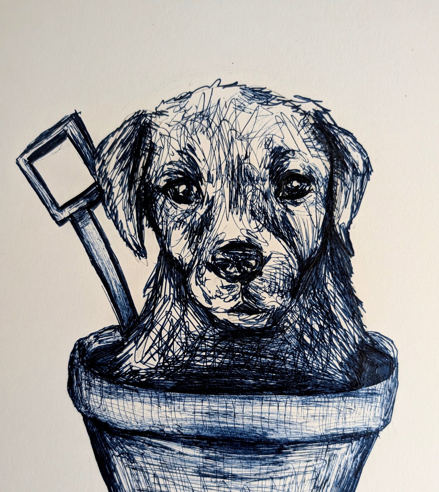 Puppy Dog In Sand Bucket With Spade Pen Illustration Drawing Sketch Art Portrait Unframed A4 Size
