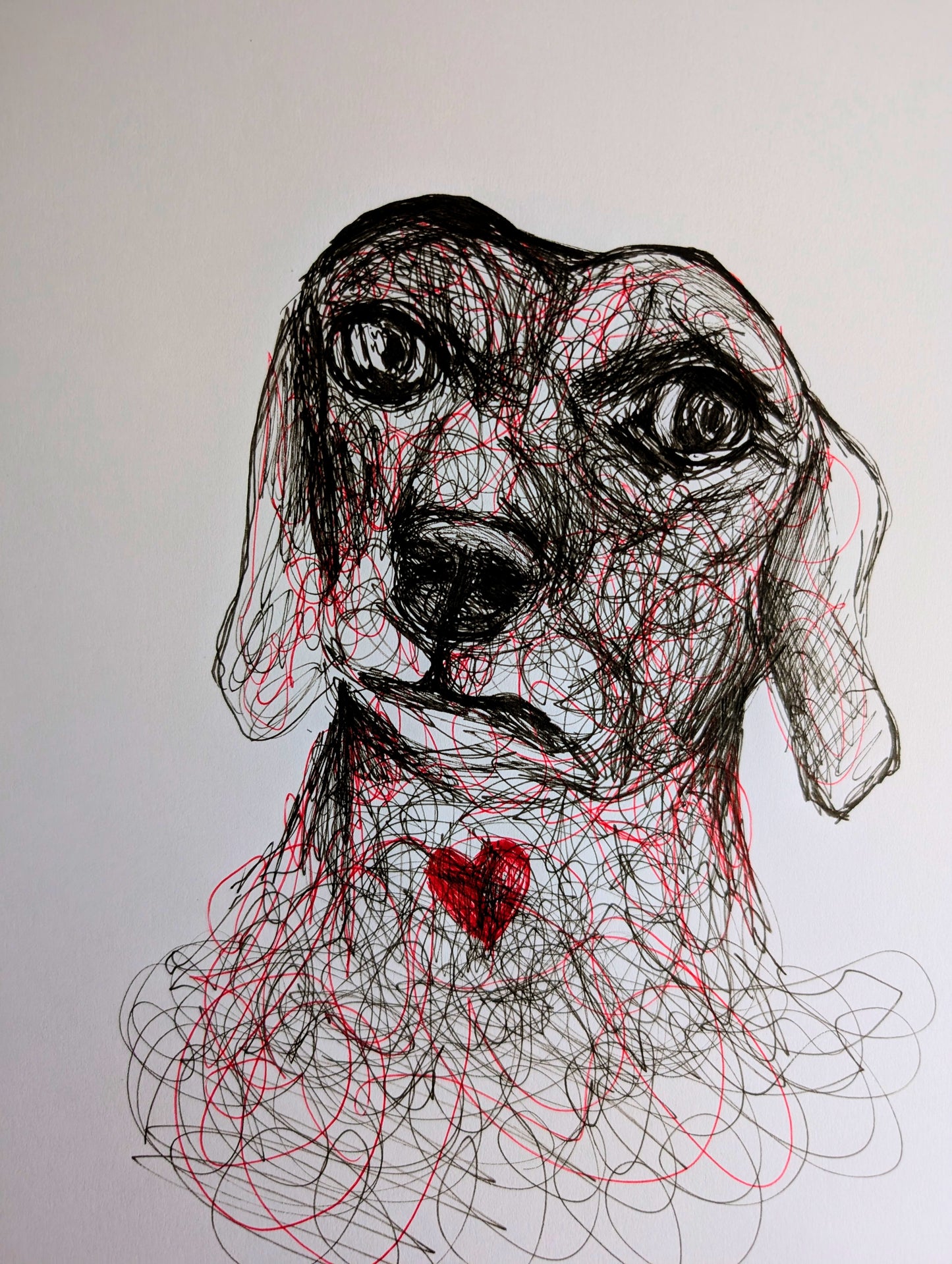 Not Impressed Dog With Red Heart Scribbly Expressive Style Pen Illustration Drawing Sketch Art Portrait Unframed A4 Size