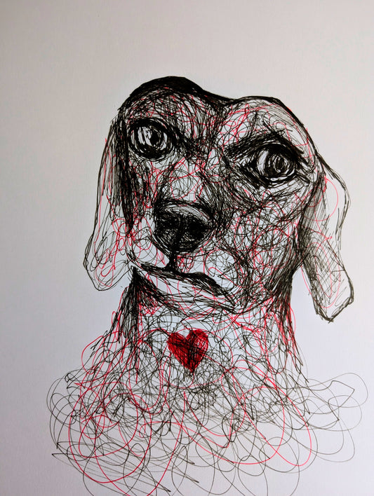 Not Impressed Dog With Red Heart Scribbly Expressive Style Pen Illustration Drawing Sketch Art Portrait Unframed A4 Size
