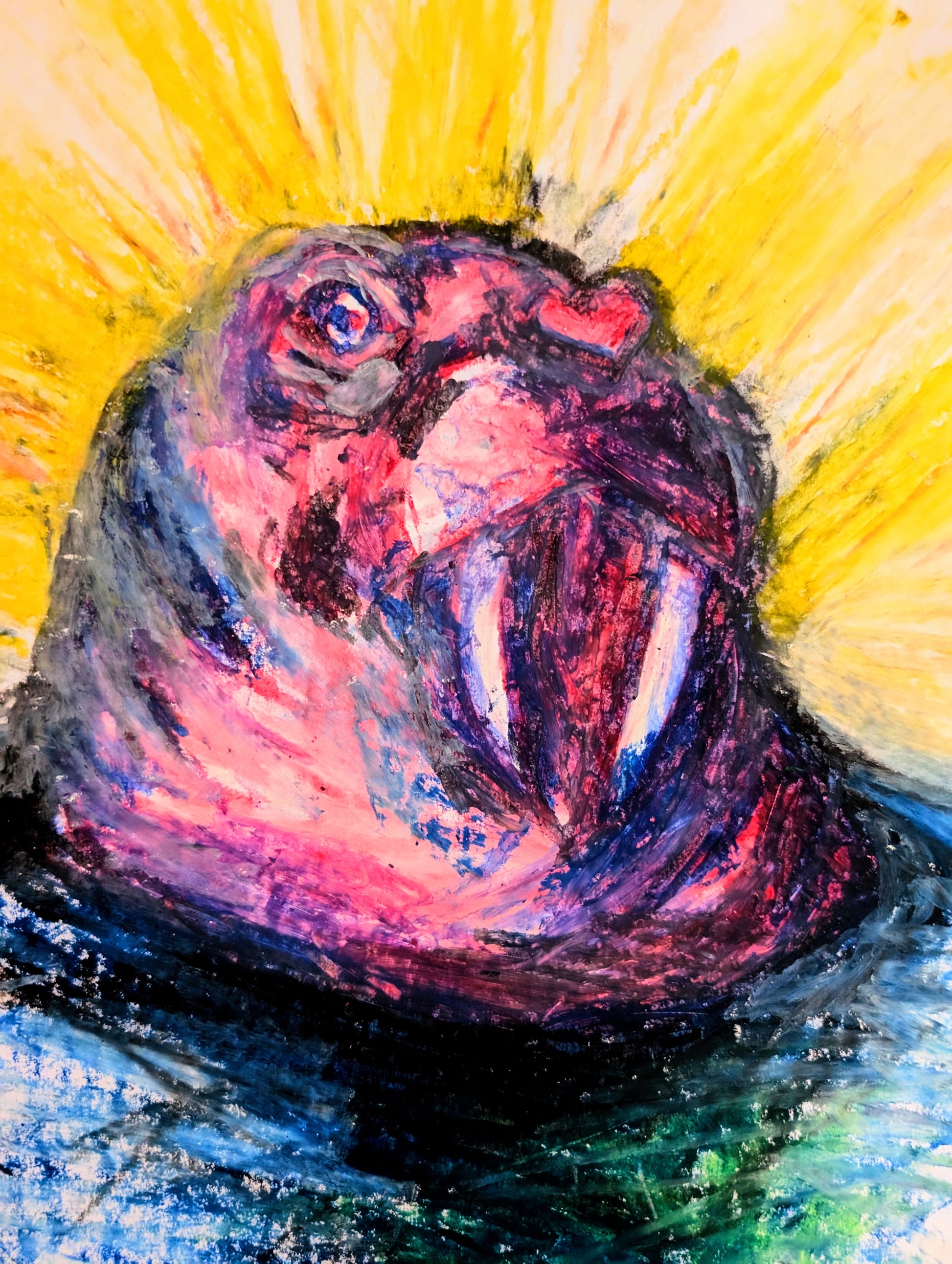 Pink Walrus With Sun & Water Oil Pastel Drawing Illustration Sketch A3 Unframed - Unorthodox Zoo