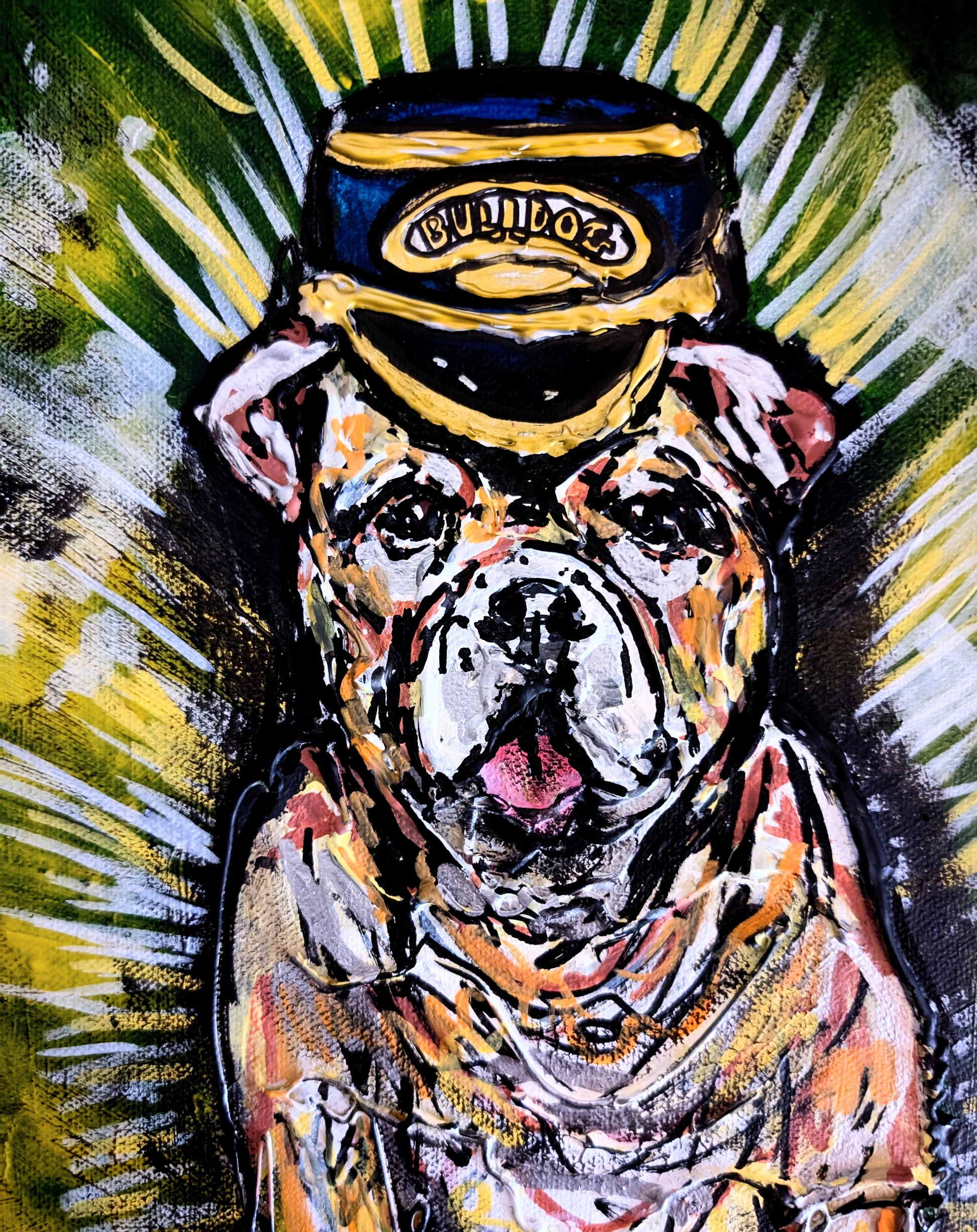 Bulldog With Tongue Sticking Out Wearing Train Conductor Hat Green Yellow White Black Background A3  Canvas - Unorthodox Zoo