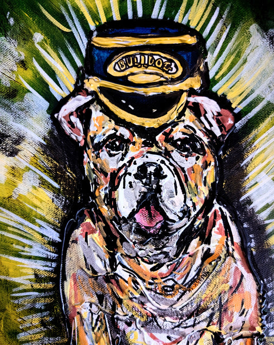 Bulldog With Tongue Sticking Out Wearing Train Conductor Hat Green Yellow White Black Background A3  Canvas - Unorthodox Zoo