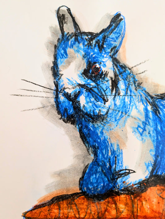 Blue Rabbit Bunny On Carrot Oil Pastel Drawing A3 Size Unframed Art Sketch - Unorthodox Zoo