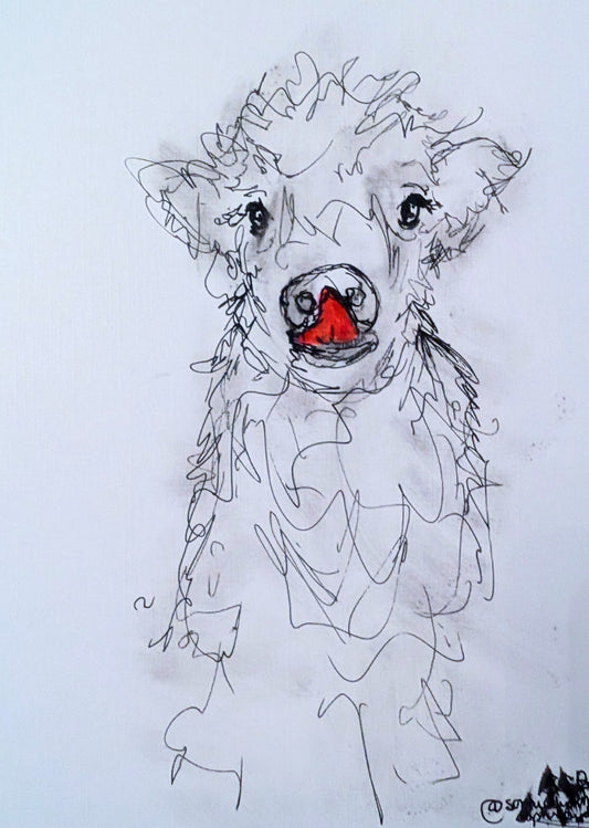 Fluffy Cow With Pink Tongue Drawing Pen Illustration Sketch Art Portrait Unframed Size 17.8 cm x 25.4 cm - Unorthodox Zoo