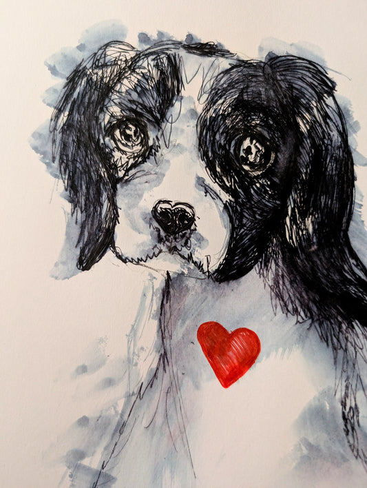 The Puppy Dog With Heart Nose Red Heart Pen Illustration Drawing Sketch White Background Unframed A4 Size - Unorthodox Zoo