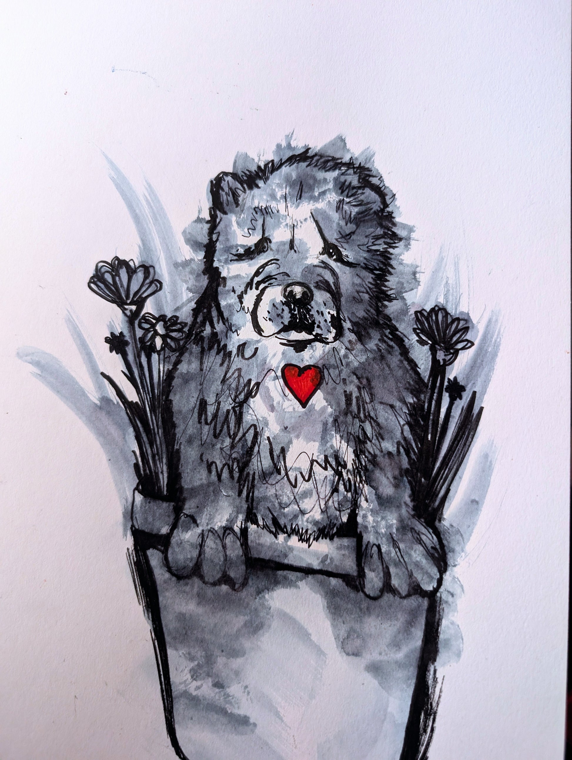 Pup In A Pot With Flowers Red Heart White Background Pen Illustration Drawing Sketch Art Unframed A4 Size - Unorthodox Zoo