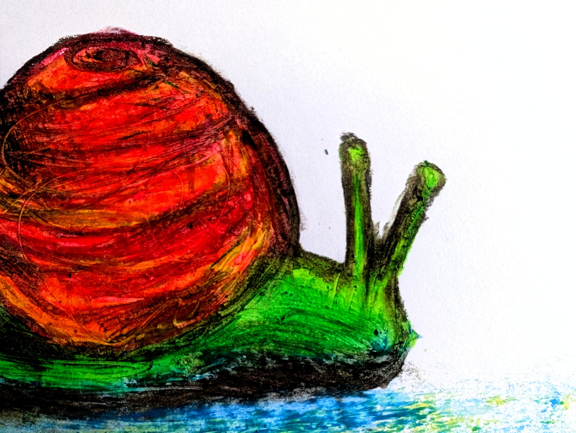 Red Orange Green Snail Colourful Shell Blue Trail Oil Pastel Drawing Illustration Sketch Art Portrait Unframed A4 Size - Unorthodox Zoo