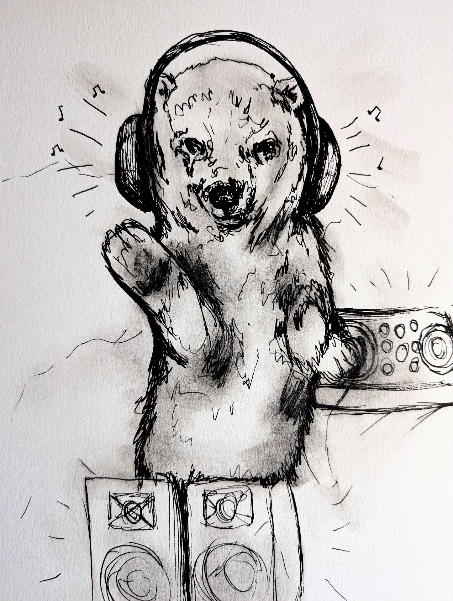 DJ Polar Bear With Headphones Sound Lines Pen Drawing Illustration Sketch Art Portrait Unframed A4 Size Animal Portraiture
