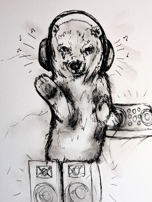 DJ Polar Bear With Headphones Sound Lines Pen Drawing Illustration Sketch Art Portrait Unframed A4 Size Animal Portraiture