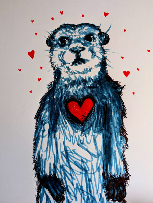 Blue Otter With Red Hearts Pen Illustration Drawing Sketch Art Portrait Unframed A4 Size