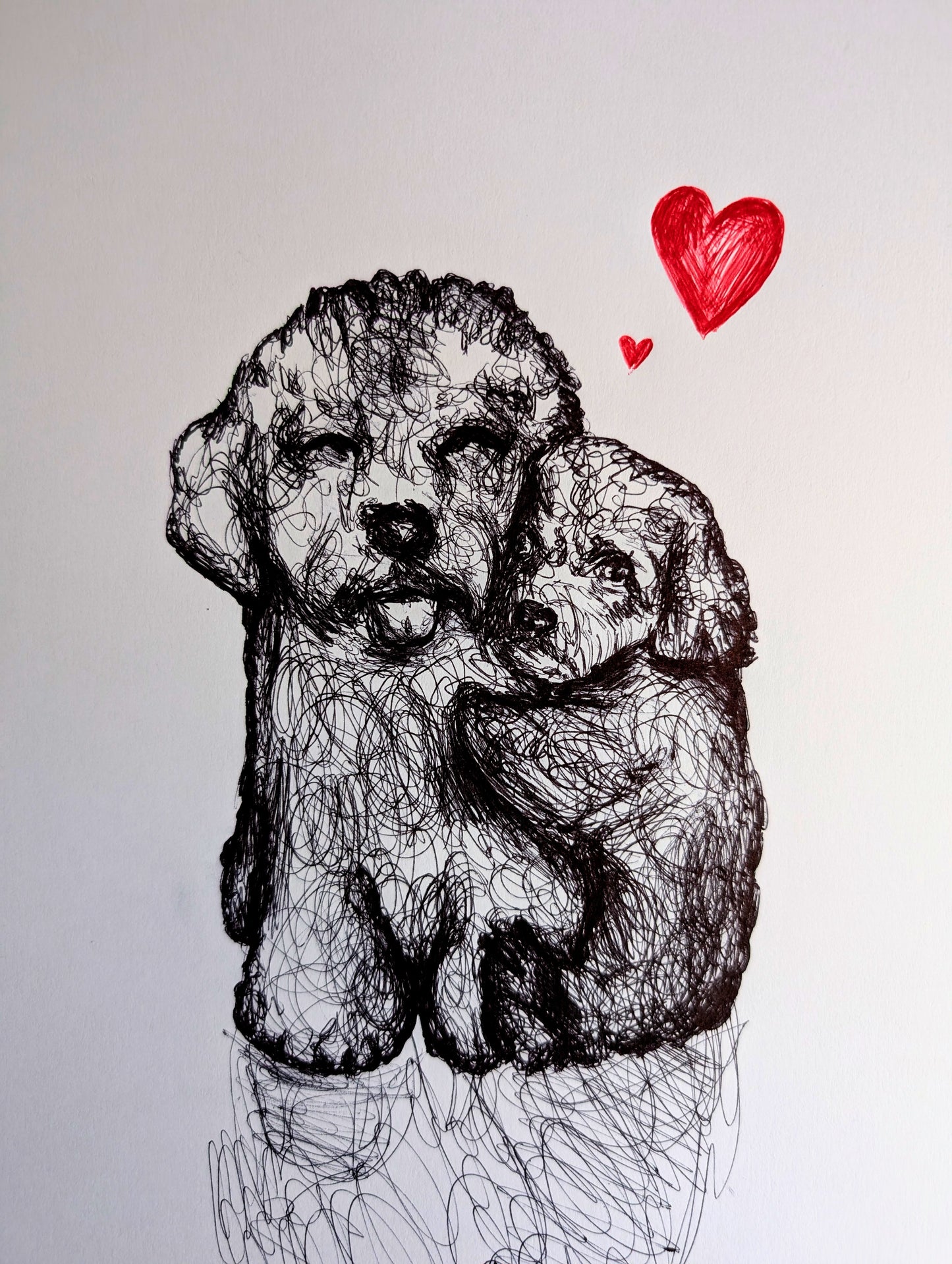 Puppy Dog Love With Red Hearts Pen Illustration Drawing Sketch Art Portrait Unframed A4 Size Scribbly Expressive Style