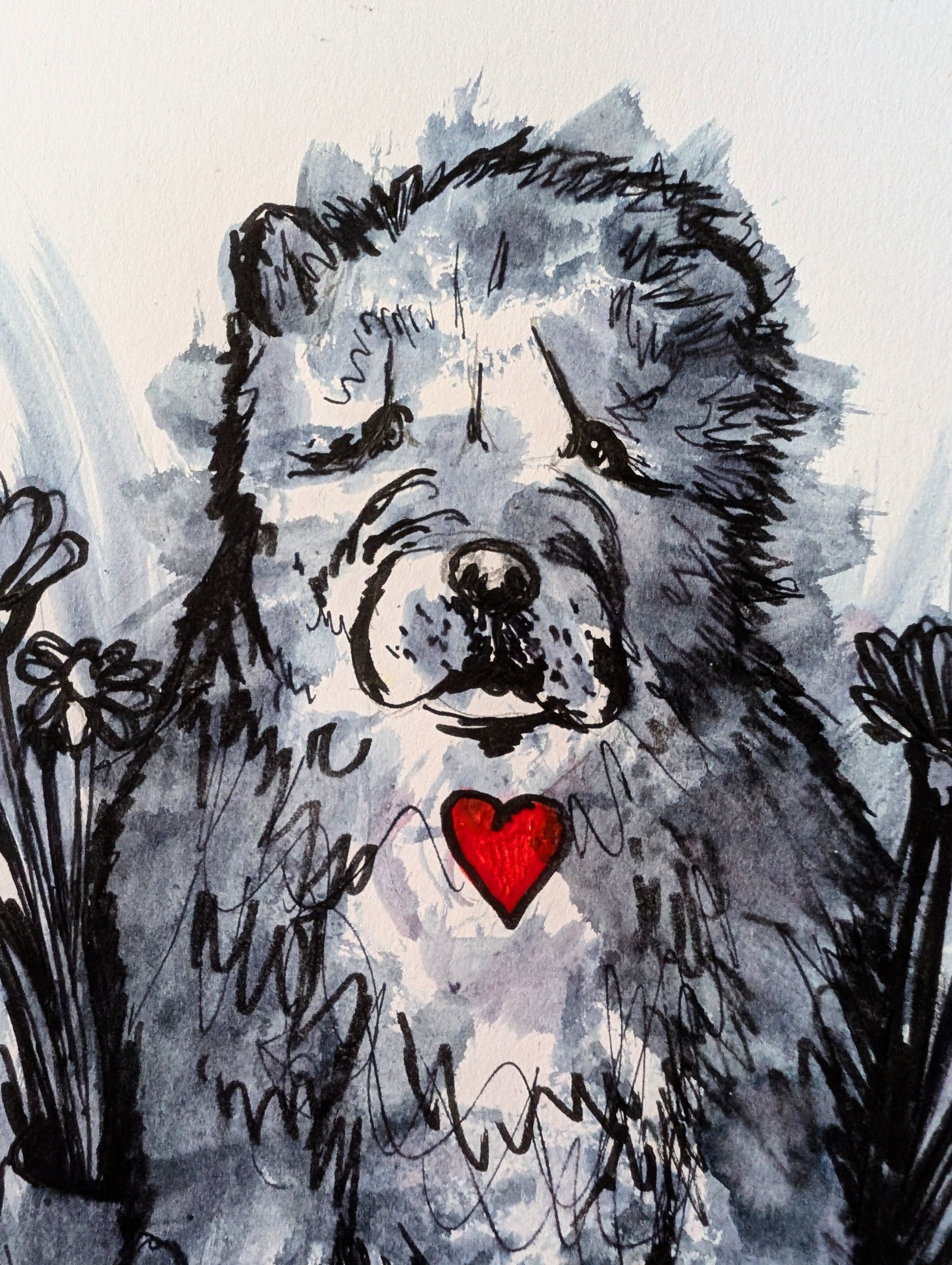 Pup In A Pot With Flowers Red Heart White Background Pen Illustration Drawing Sketch Art Unframed A4 Size - Unorthodox Zoo