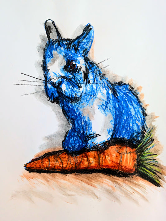 Blue Rabbit Bunny On Carrot Oil Pastel Drawing A3 Size Unframed Art Sketch - Unorthodox Zoo