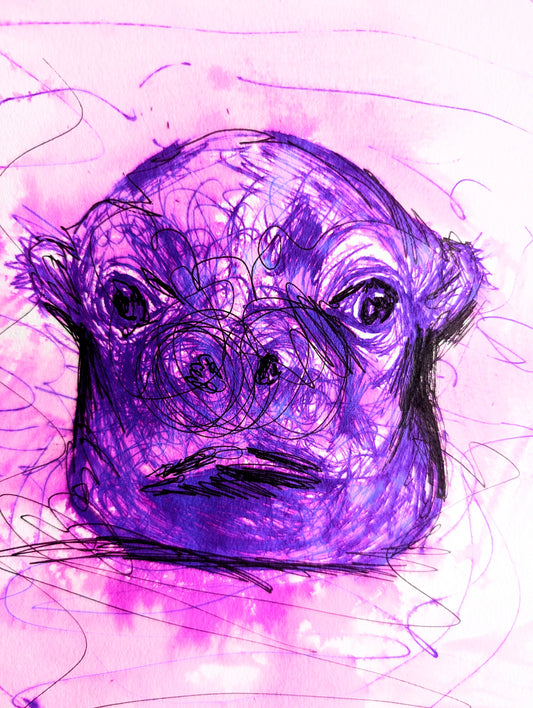 Purple Hippo With Funny Not Impressed Facial Expression With Scribbly Wiggle Water Lines Pen Drawing Illustration Sketch Art Unframed A4 Size - Unorthodox Zoo