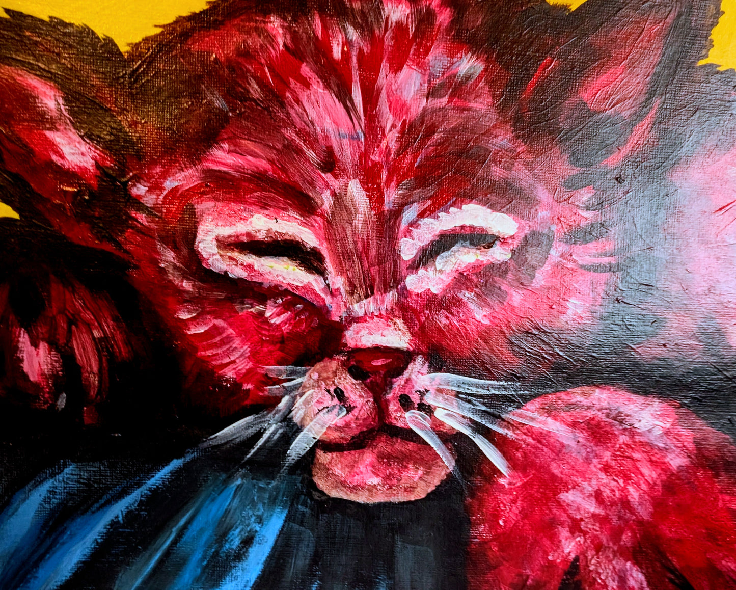 Pink Cat Sleeping With Blue Blanket Yellow Background Painting Acrylic Paint Art A3 Size Unframed