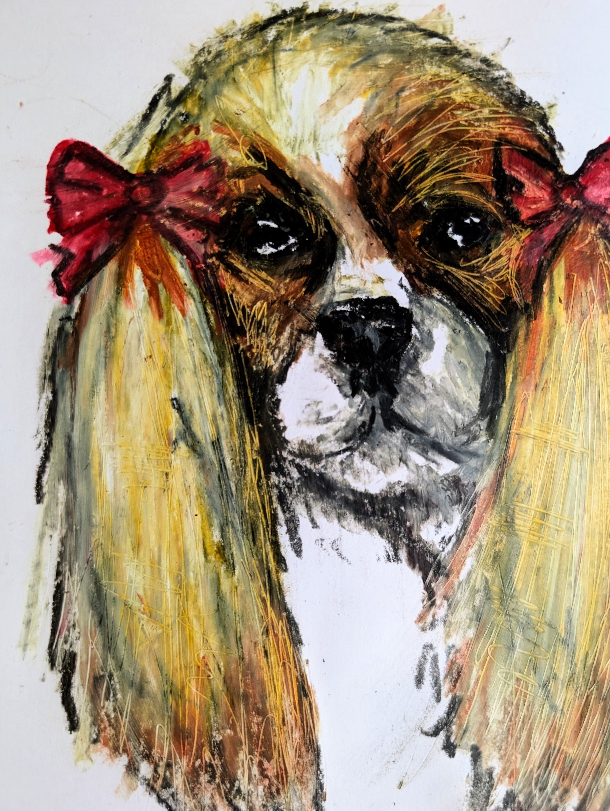 King Charles Cavalier With Pink Bows Brown White Blonde Fur With Blue Jacket Portrait A4 Size Unframed Art Sketch Illustration Drawing Oil Pastel Drawing - Unorthodox Zoo