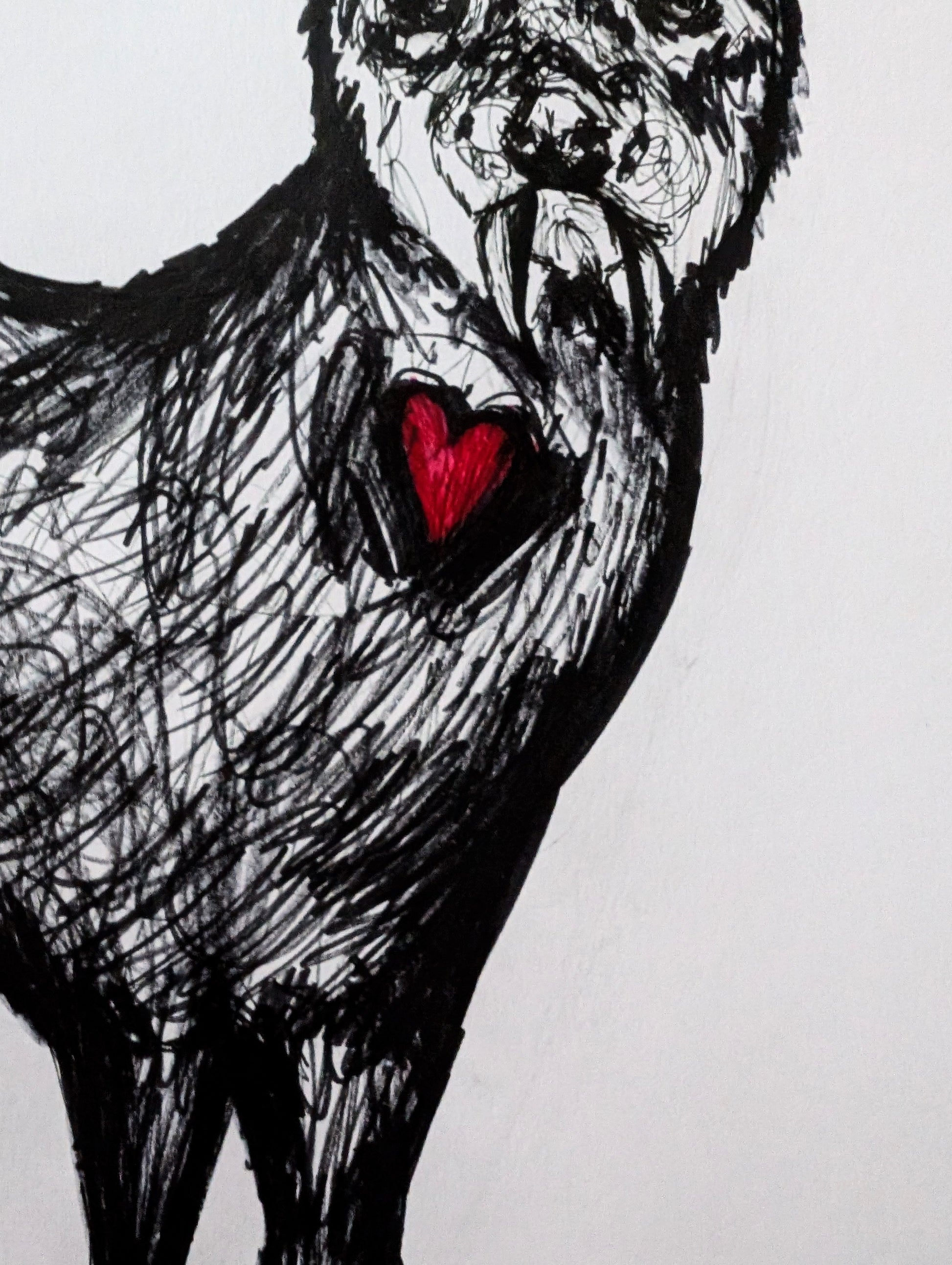 Chinese Deer With Fangs Red Heart White Background Pen Illustration Drawing Sketch Art Unframed A4 Size - Unorthodox Zoo