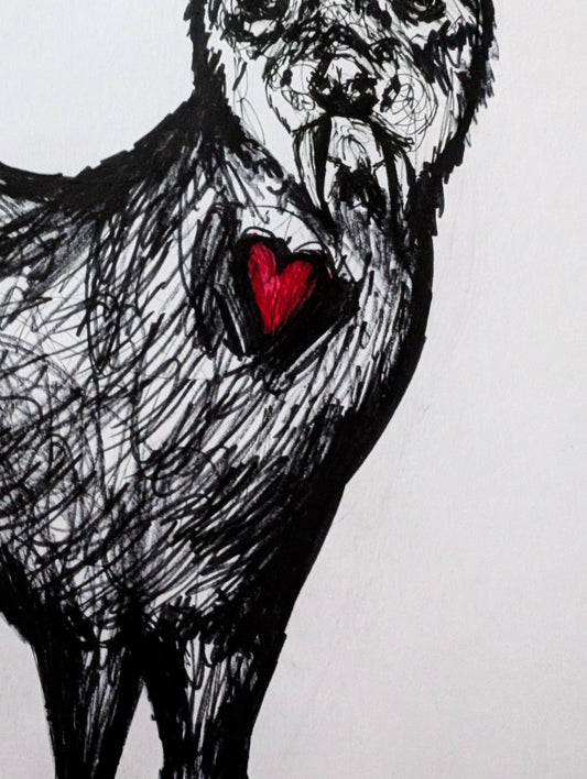 Chinese Deer With Fangs Red Heart White Background Pen Illustration Drawing Sketch Art Unframed A4 Size - Unorthodox Zoo