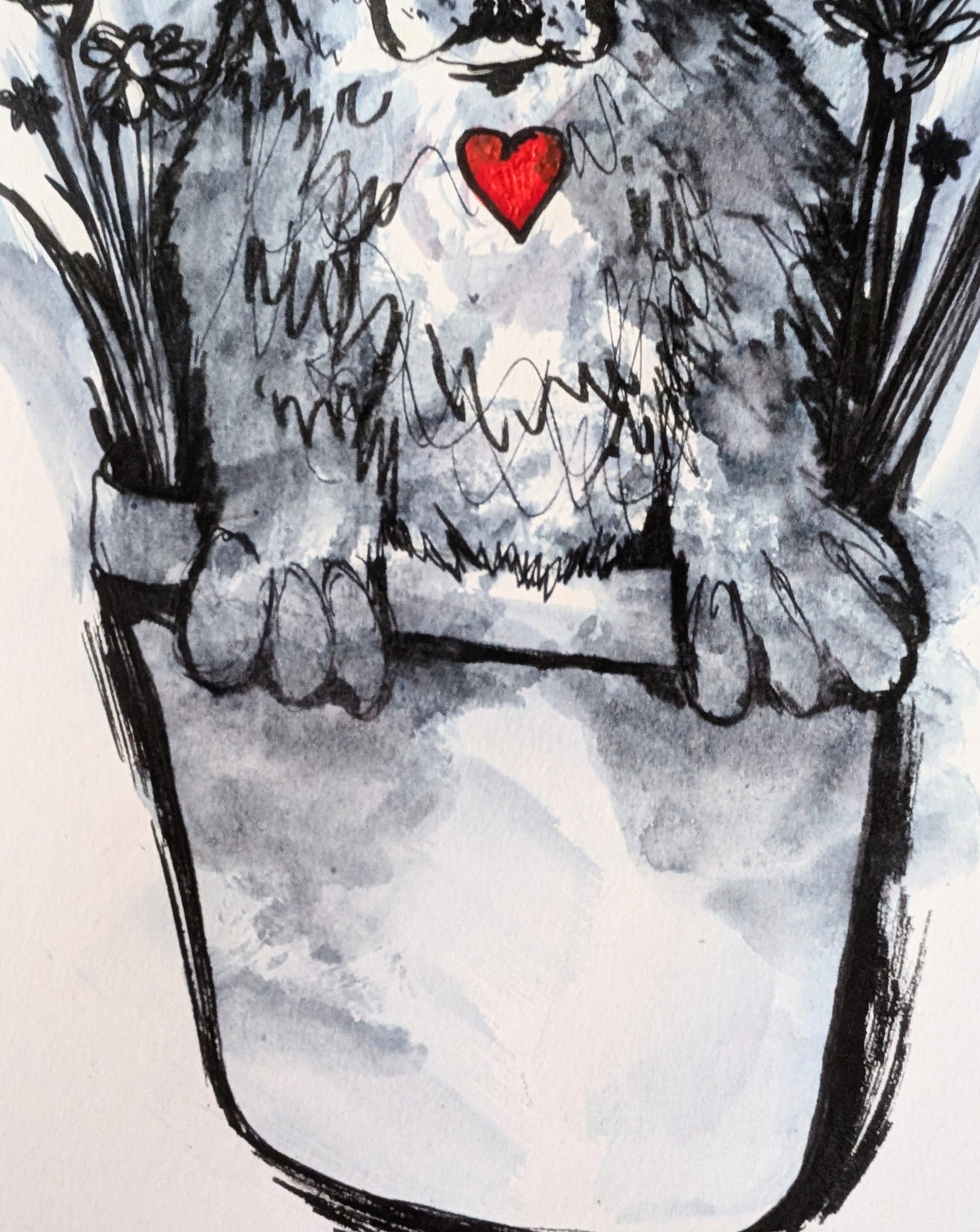 Pup In A Pot With Flowers Red Heart White Background Pen Illustration Drawing Sketch Art Unframed A4 Size - Unorthodox Zoo