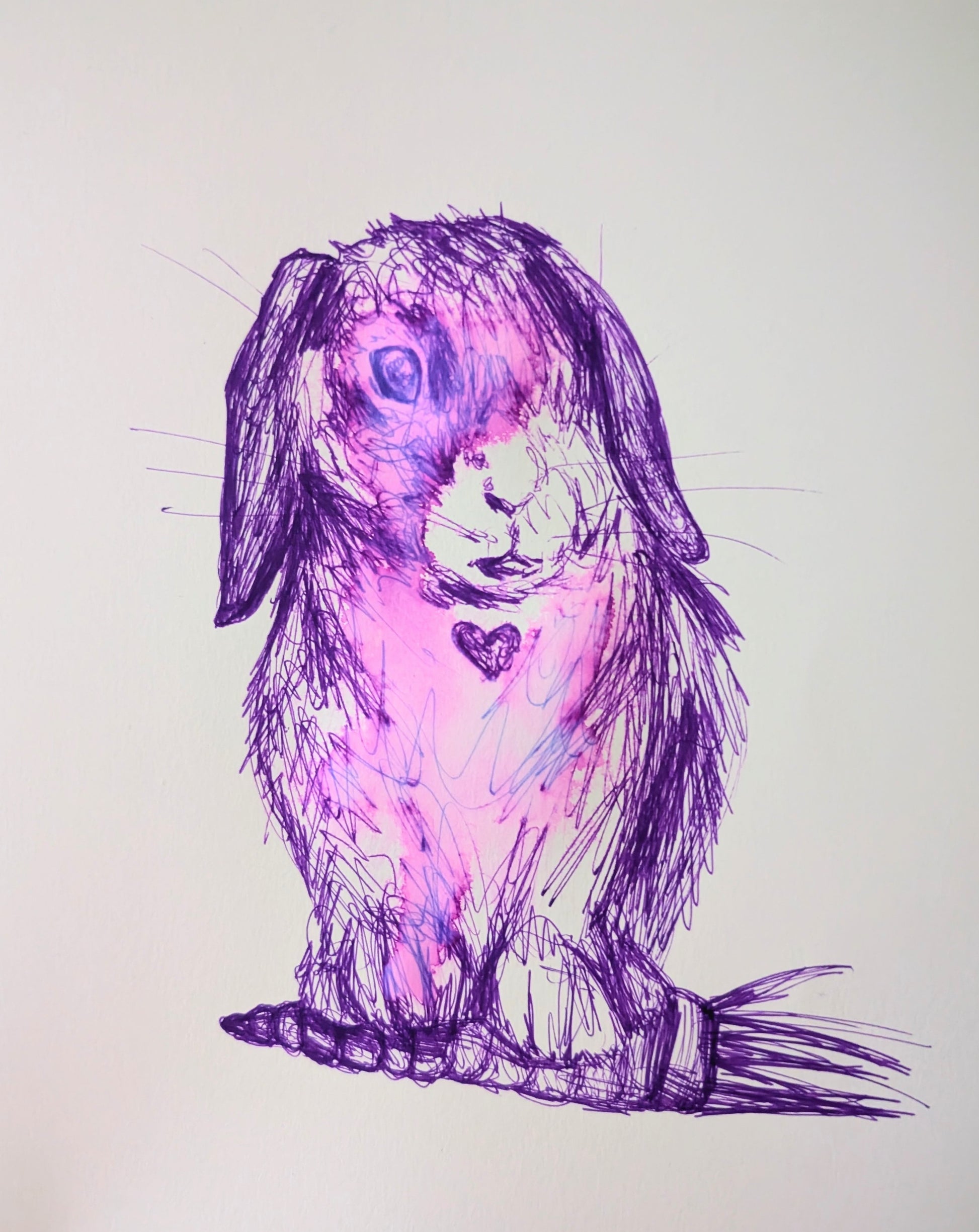 Rabbit Bunny With Heart Carrot Purple Pen Drawing Illustration Sketch Art Unframed A4 Size Portrait Animal Portrait - Unorthodox Zoo