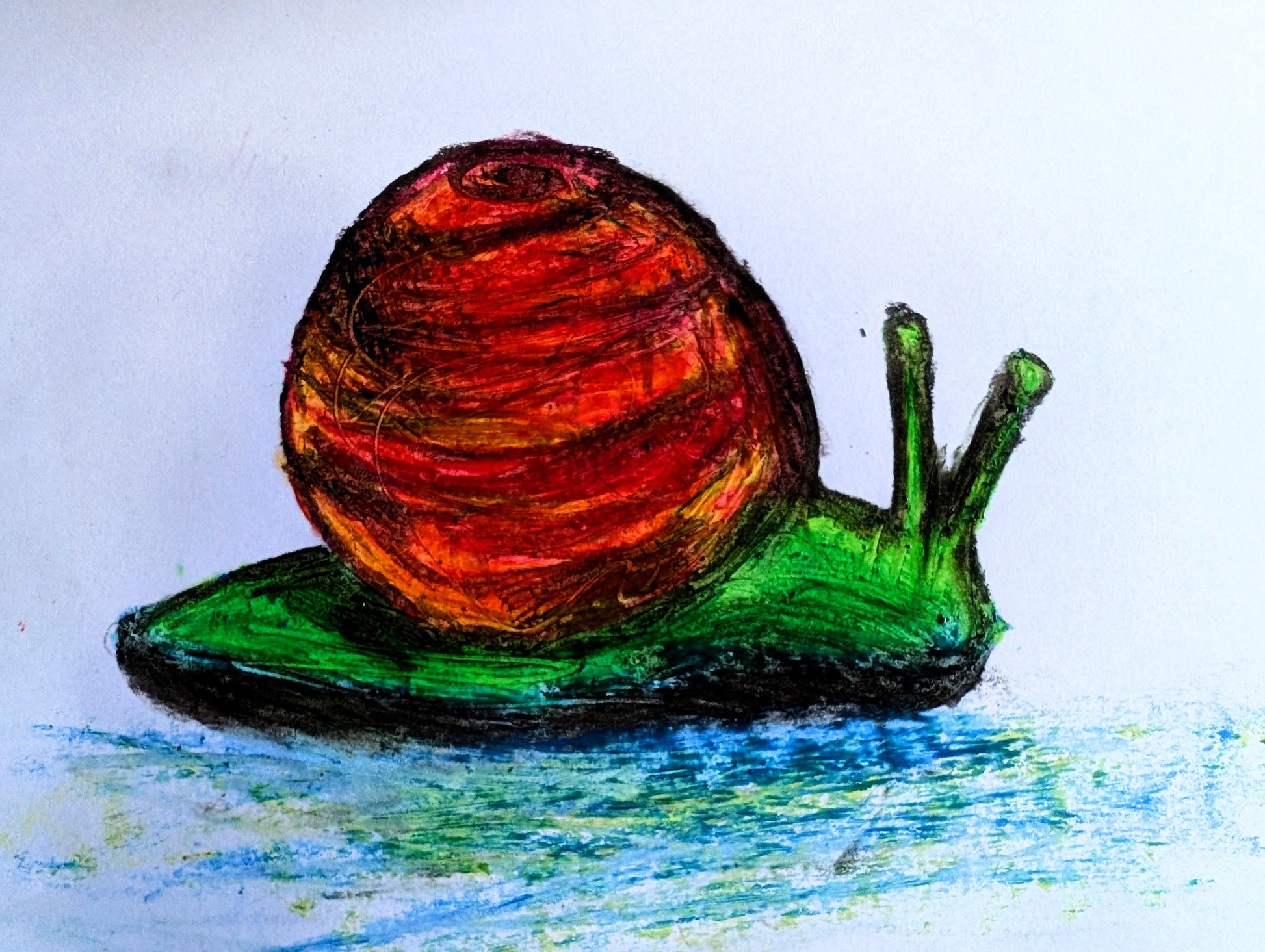 Red Orange Green Snail Colourful Shell Blue Trail Oil Pastel Drawing Illustration Sketch Art Portrait Unframed A4 Size - Unorthodox Zoo