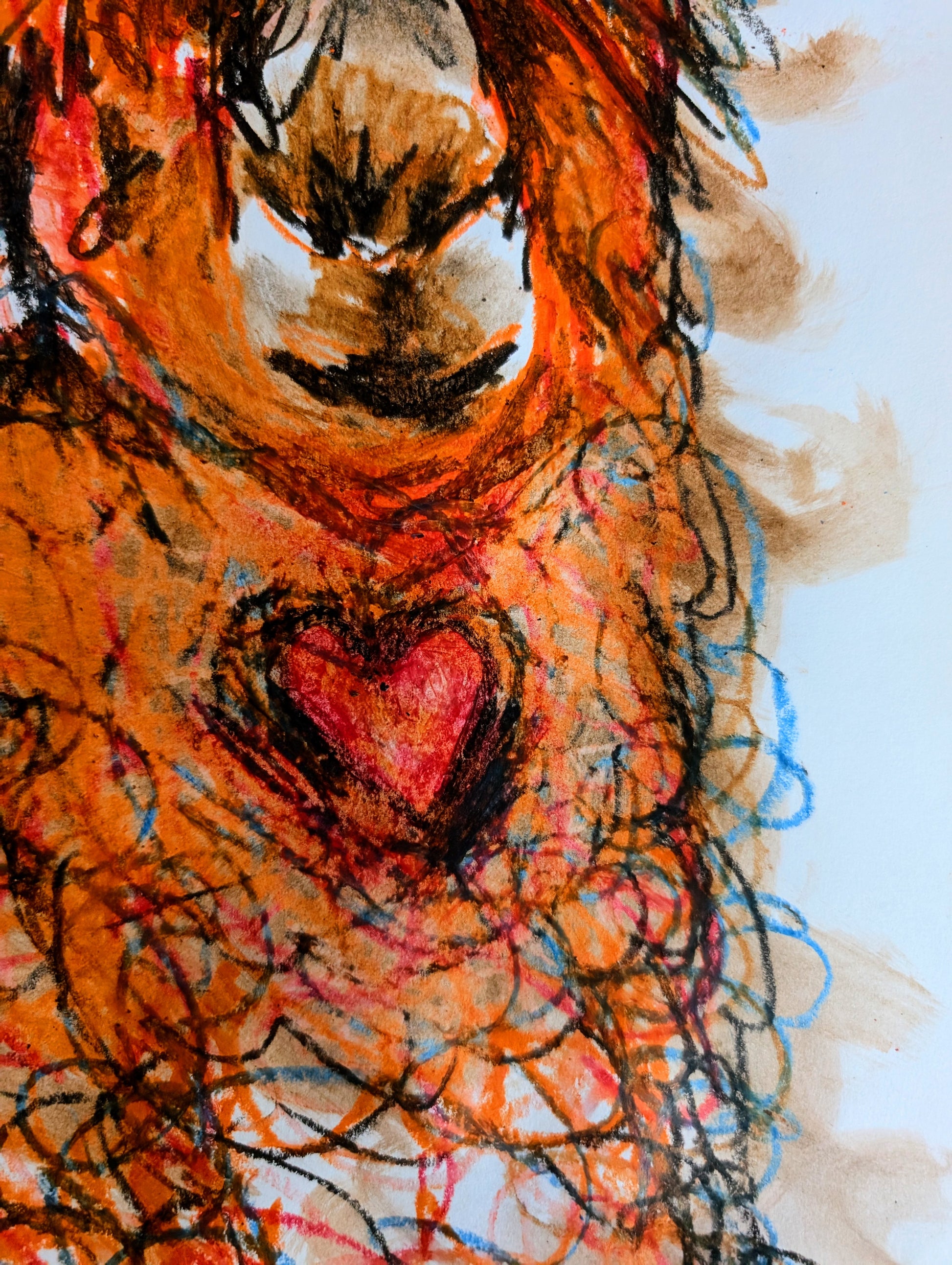 Orange Llama With Red Heart Expressive Oil Pastel Illustration Drawing A3 Size Unframed - Unorthodox Zoo
