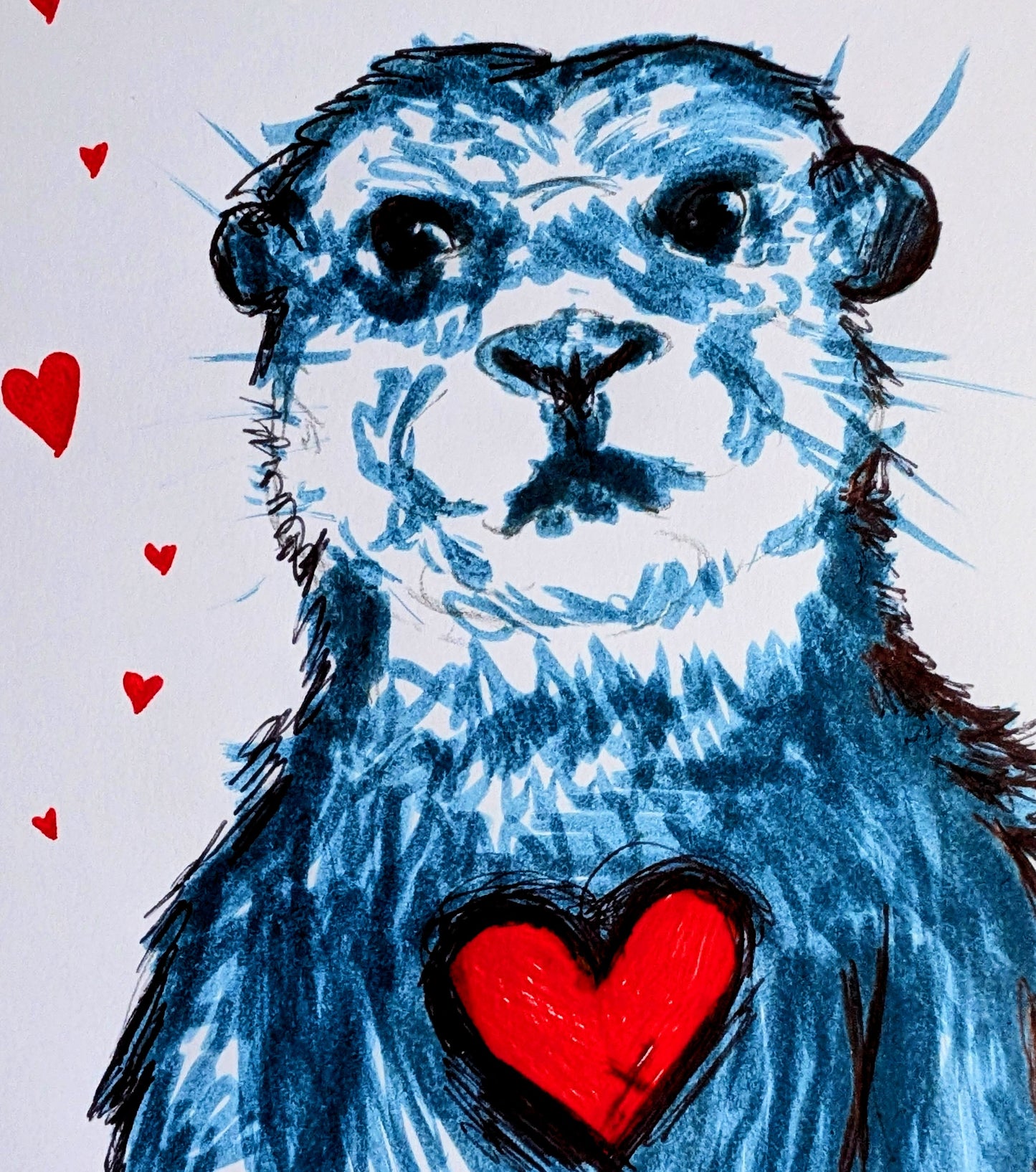 Blue Otter With Red Hearts Pen Illustration Drawing Sketch Art Portrait Unframed A4 Size