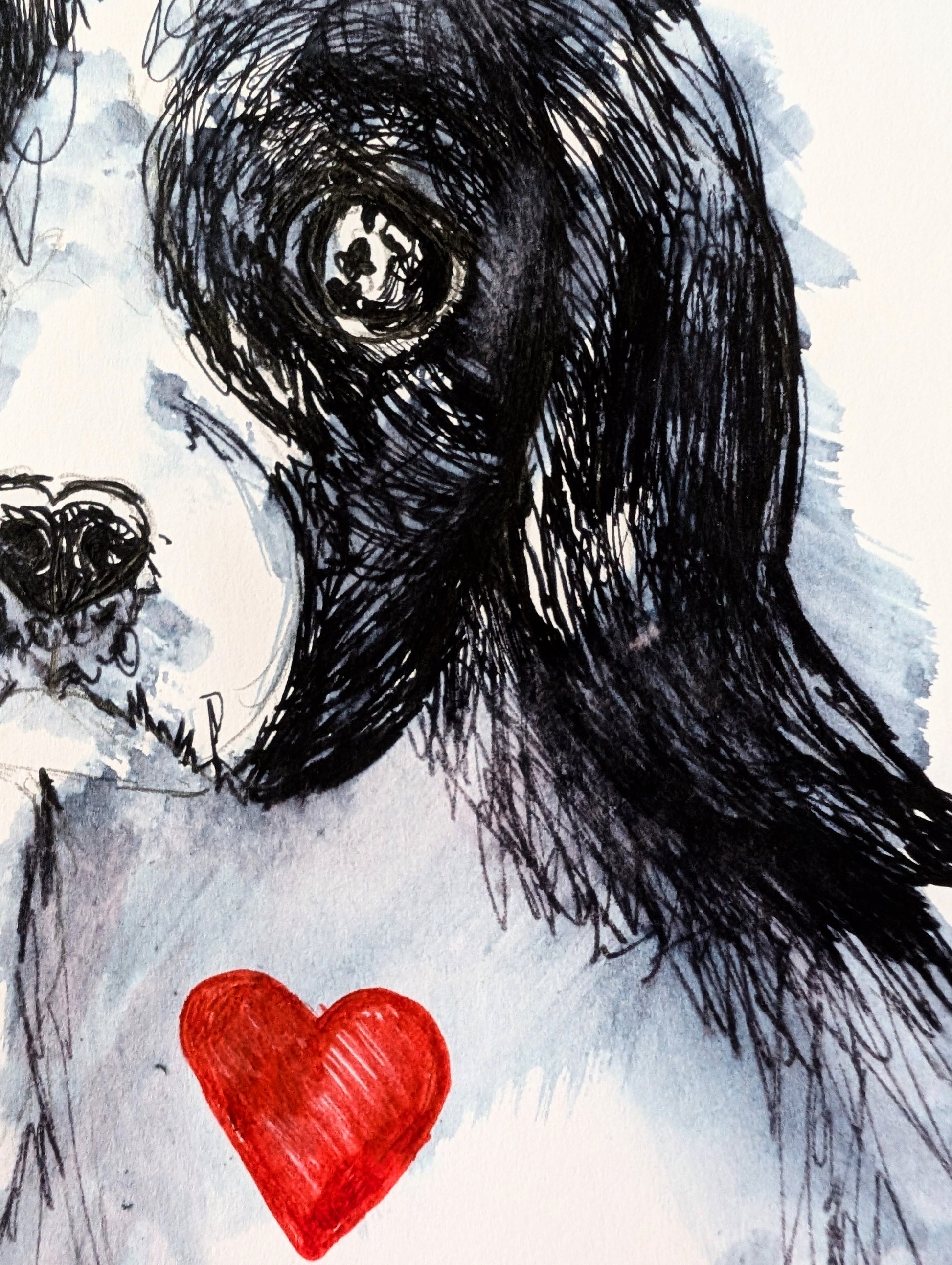 The Puppy Dog With Heart Nose Red Heart Pen Illustration Drawing Sketch White Background Unframed A4 Size - Unorthodox Zoo
