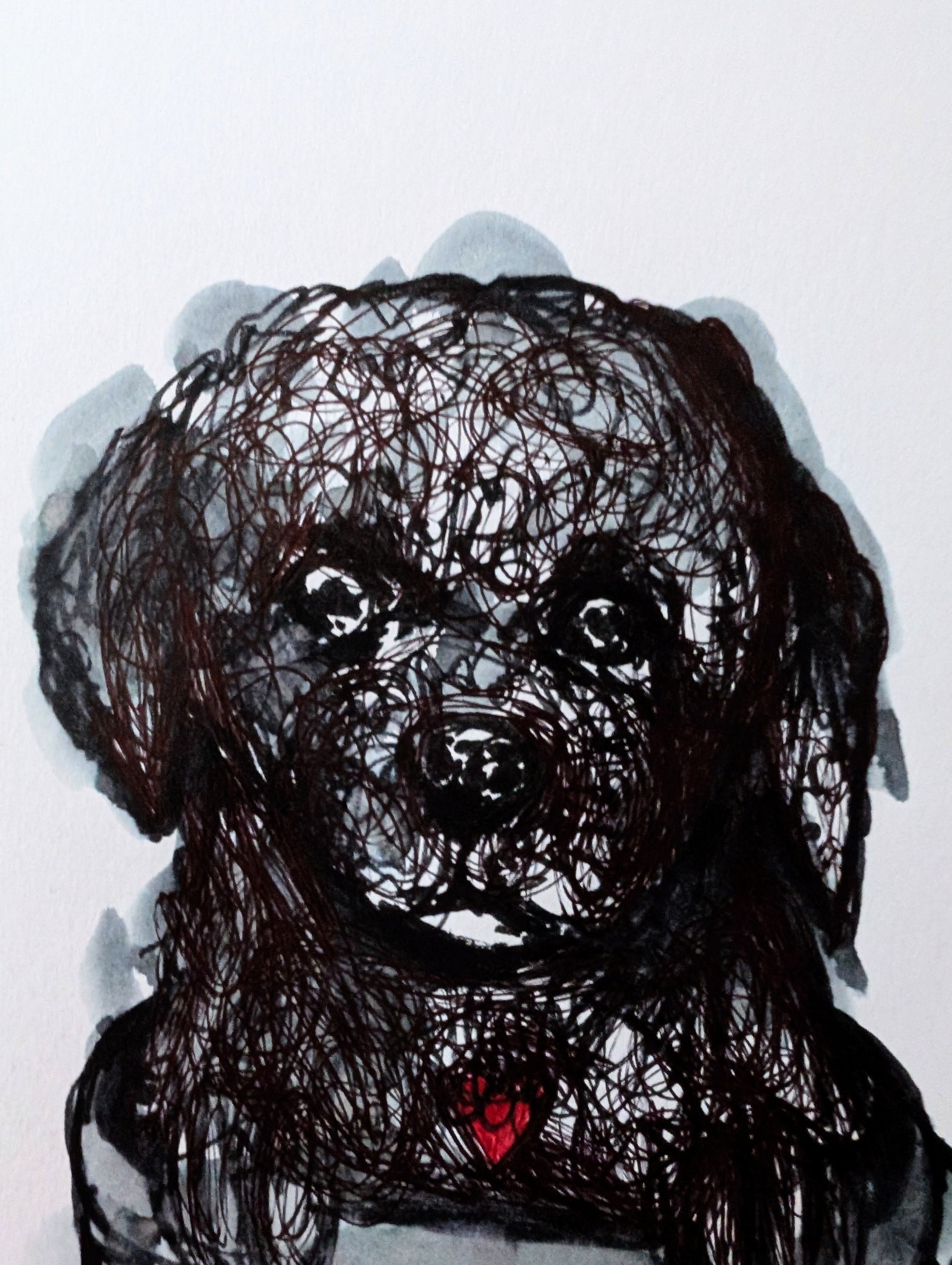 Scribbly Doodle Pup In A Cup With Red Heart White Background Pen Illustration Drawing Sketch Art Unframed A4 Size - Unorthodox Zoo