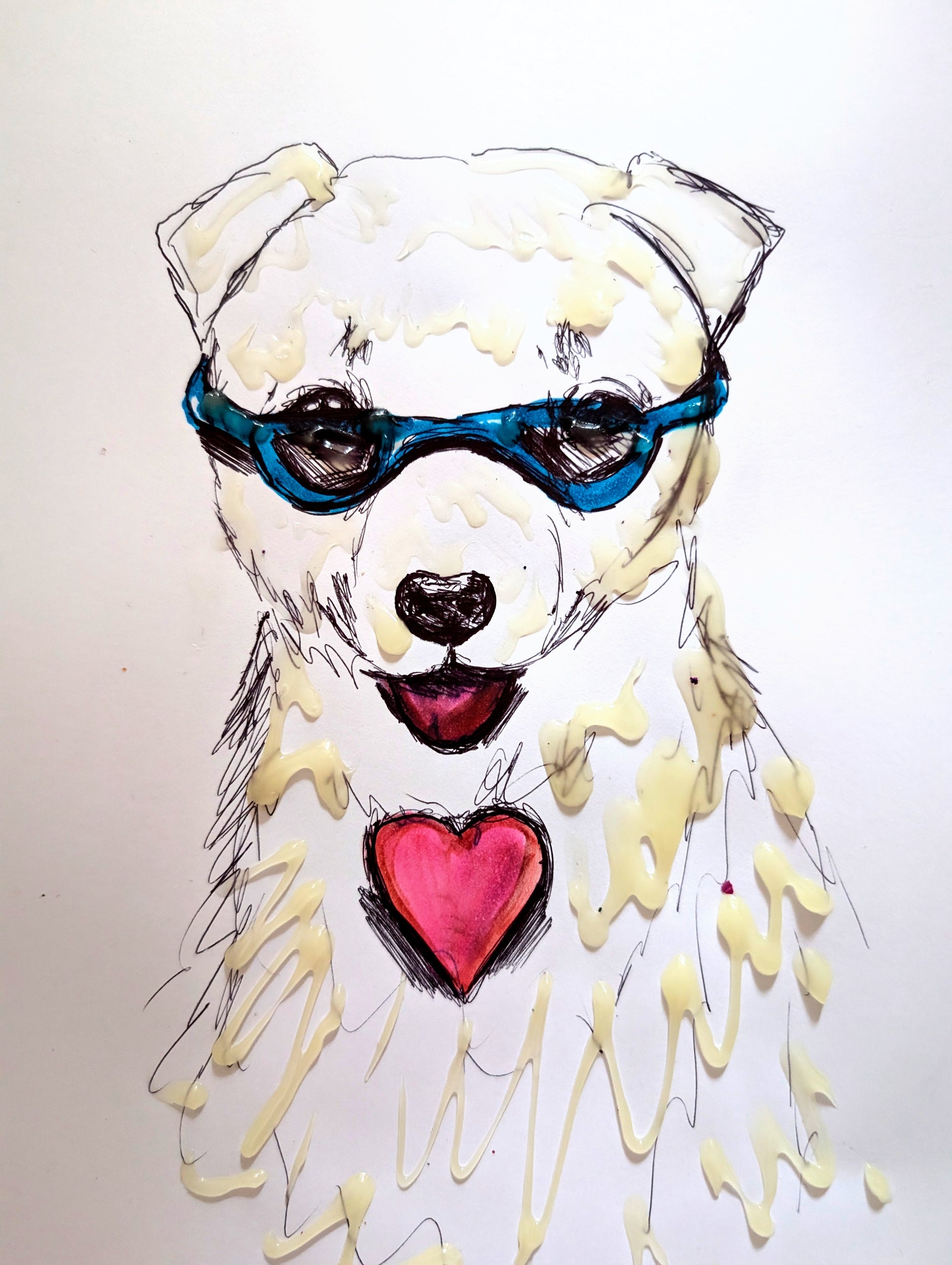Puppy Dog With Sunglasses Pink Tongue Pink Heart Paint Drawing Marks Chill Dog Drawing Illustration Sketch Art Portrait Unframed A4 Size - Unorthodox Zoo