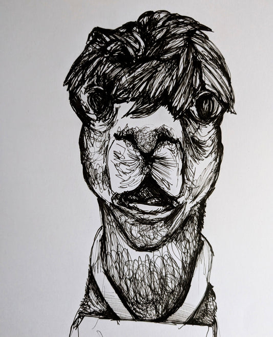 Llama With Wig Pulling Funny Face Wearing Apron Pen Illustration Drawing Sketch Art Portrait Unframed A4 Size