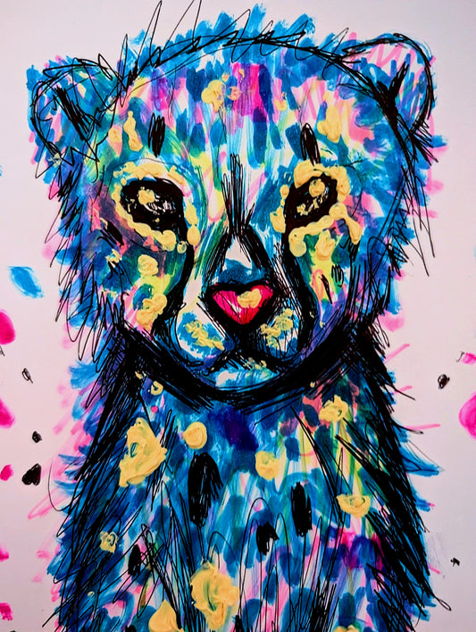 A Leopard Can Change Its Spots Colourful Spots Pink Blue Light Cream Dark Pink Heart Nose A4 Size Unframed Art Portrait Sketch Pen Illustration - Unorthodox Zoo