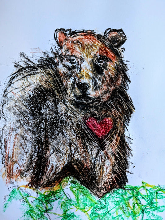 Bear With Heart Drawing Oil Pastel Illustration Sketch Art Portrait A4 Size Unframed - Unorthodox Zoo