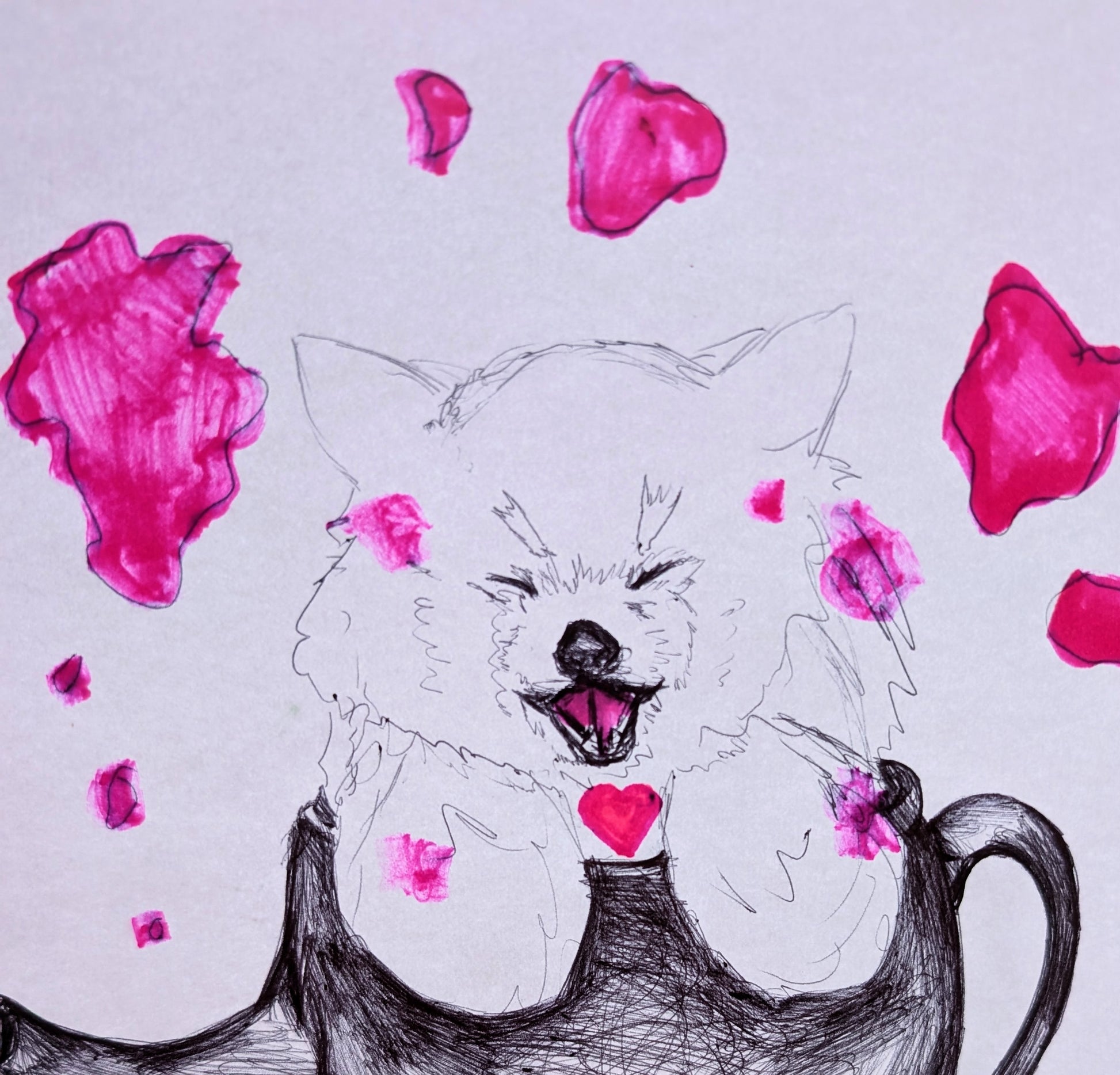 Laughing Fluffy Fox In a Teapot With Pink Tea Stains Pink Heart Pen Drawing Illustration Sketch Art Portrait Unframed A4 Size - Unorthodox Zoo