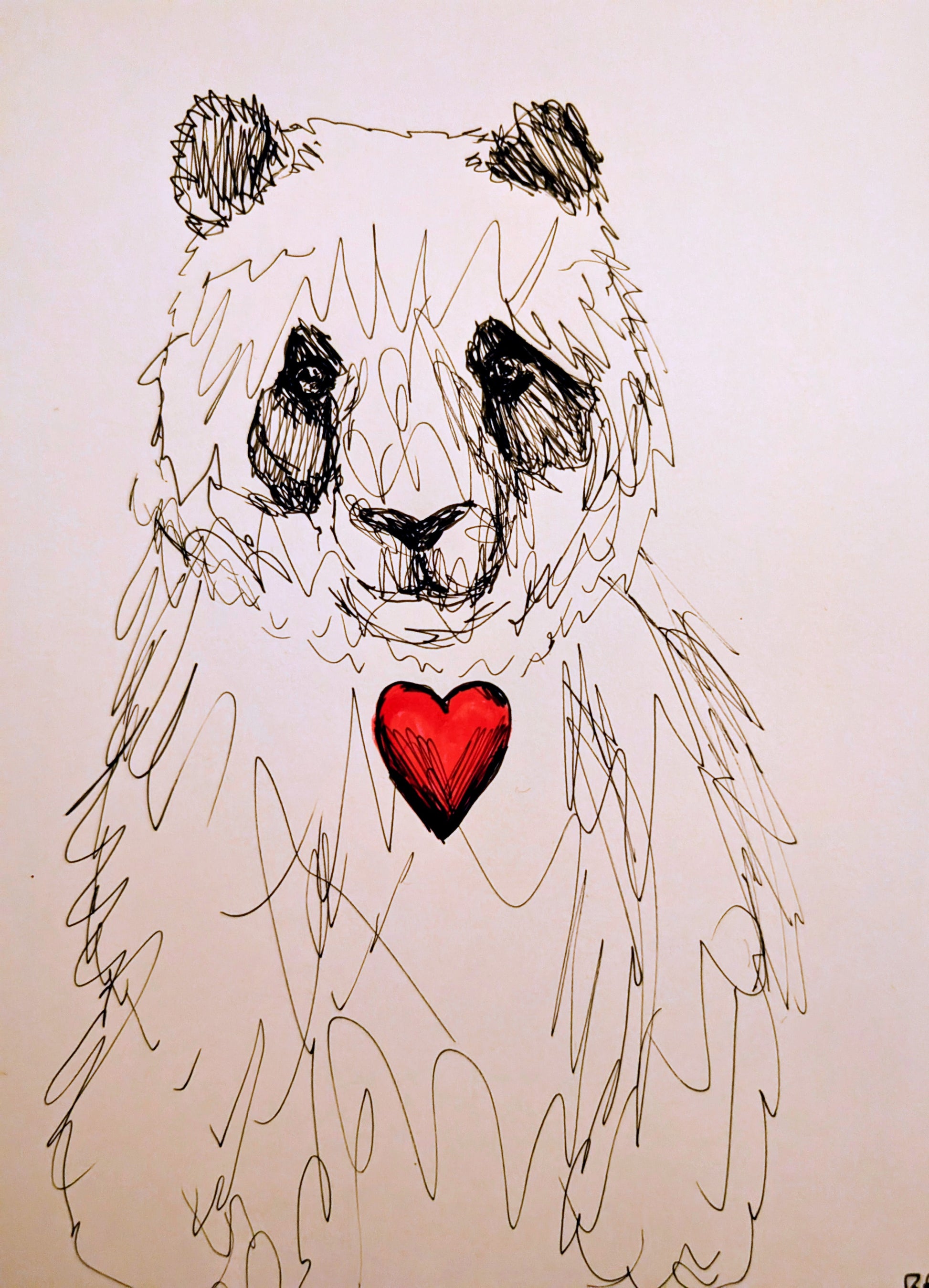 Panda Bear With Mini Heart Pen Drawing Illustration Sketch Art Portrait A4 Size - Unorthodox Zoo