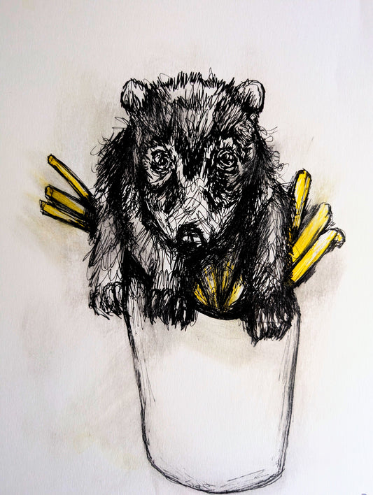 Racoon Animal In Fries Box Portrait Unframed A4 Size Handrawn Pen Illustration Drawing Sketch Art