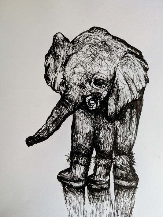 Baby Elephant With Dummy Pacifier Boots Slippers Pen Illustration Drawing Sketch Art Portrait Unframed A4 Size - Unorthodox Zoo