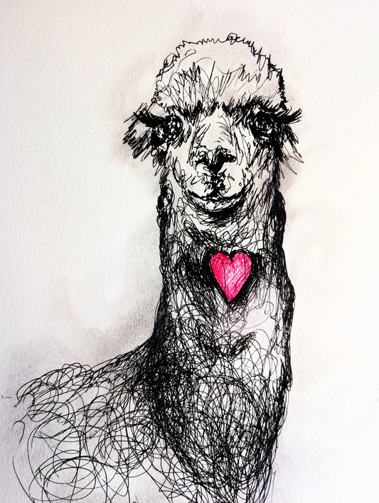 Llama With Pink Heart Pen Drawing Illustration Sketch Art Portrait Unframed A4 Size Animal Art