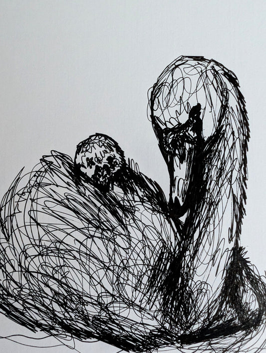 Swan With Duckling Pen Illustration Drawing Sketch Art Portrait Animal Portrait Art Unframed Size 17.8 cm x 25.4 cm - Unorthodox Zoo