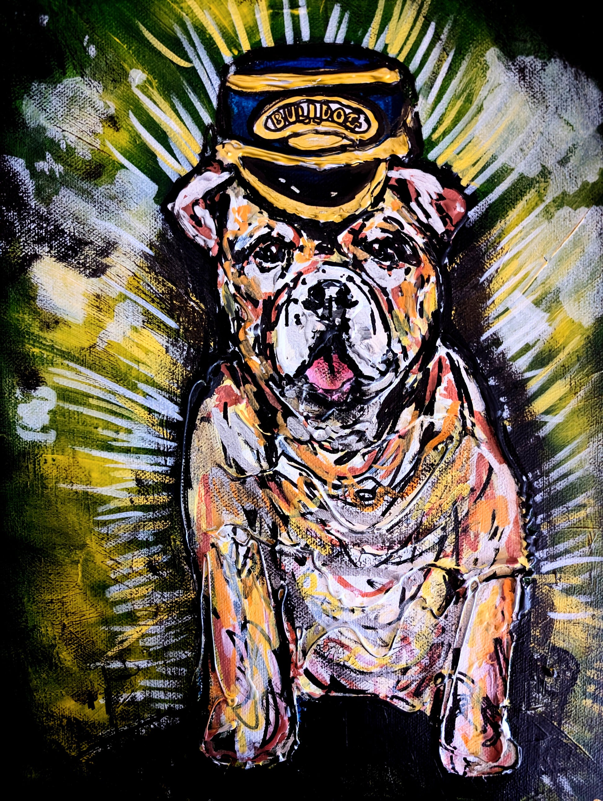 Bulldog With Tongue Sticking Out Wearing Train Conductor Hat Green Yellow White Black Background A3  Canvas - Unorthodox Zoo