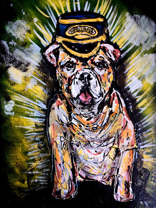 Bulldog With Tongue Sticking Out Wearing Train Conductor Hat Green Yellow White Black Background A3  Canvas - Unorthodox Zoo