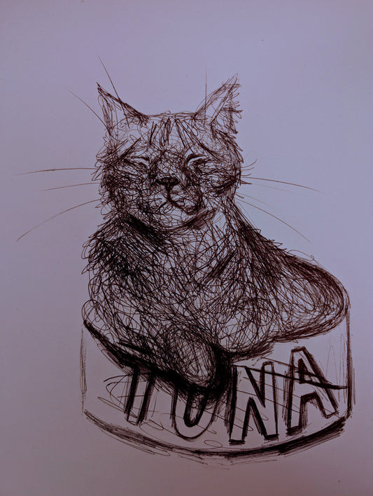 Cat In Tuna Can Sleeping Pen Drawing Illustration Animal Art Portraits A4 Size