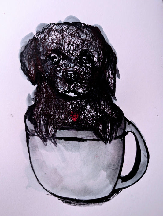 Scribbly Doodle Pup In A Cup With Red Heart White Background Pen Illustration Drawing Sketch Art Unframed A4 Size - Unorthodox Zoo
