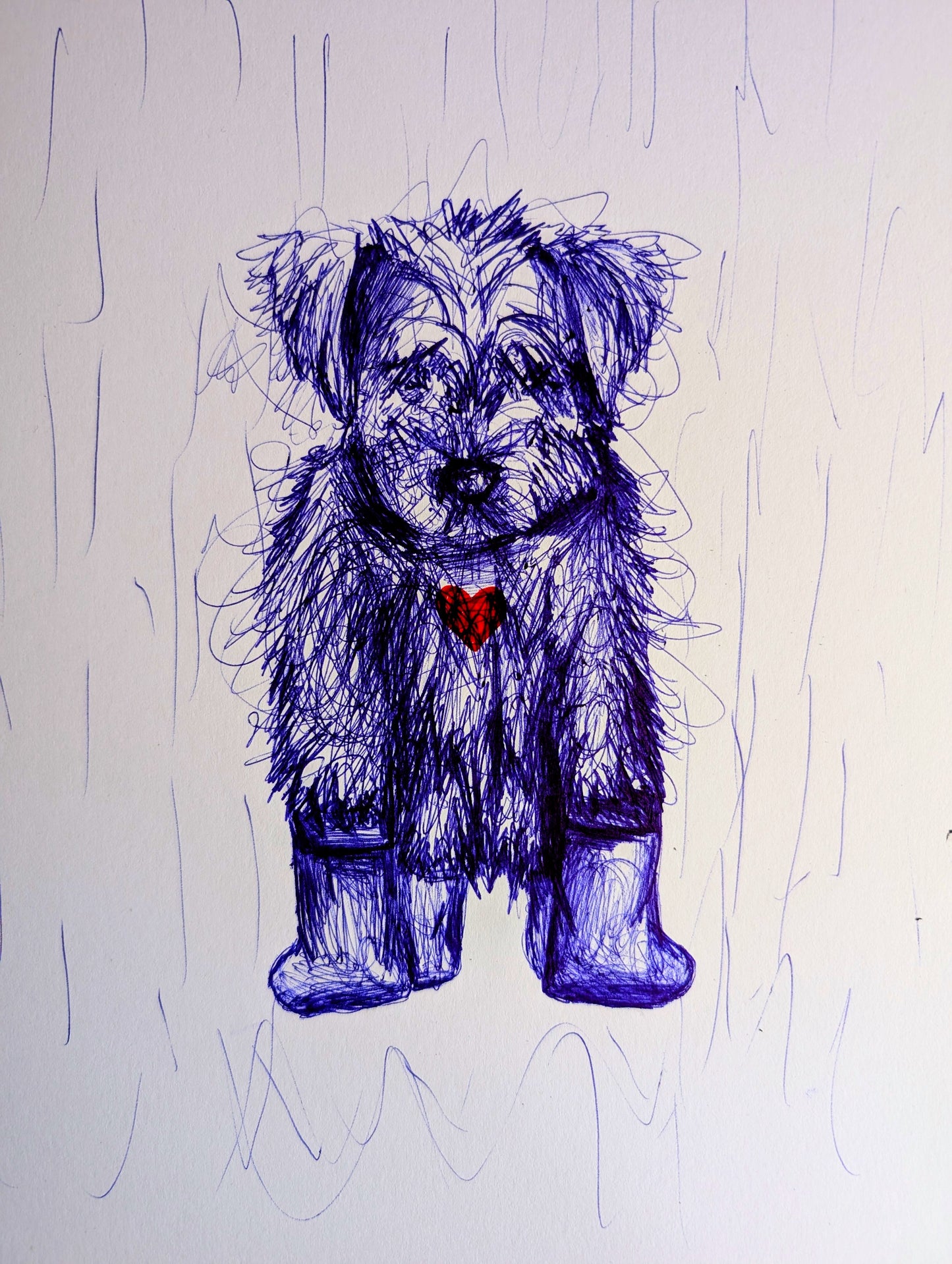 Sad Puppy Dog In The Rain With Red Heart Little Rain Boots Wellies Pen Illustration Drawing Sketch Portrait Unframed A4 Size